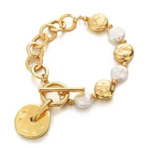 NEW Chunky Link Bracelet 18K Plated Pearls Toggle Clasp Round Charm Glam